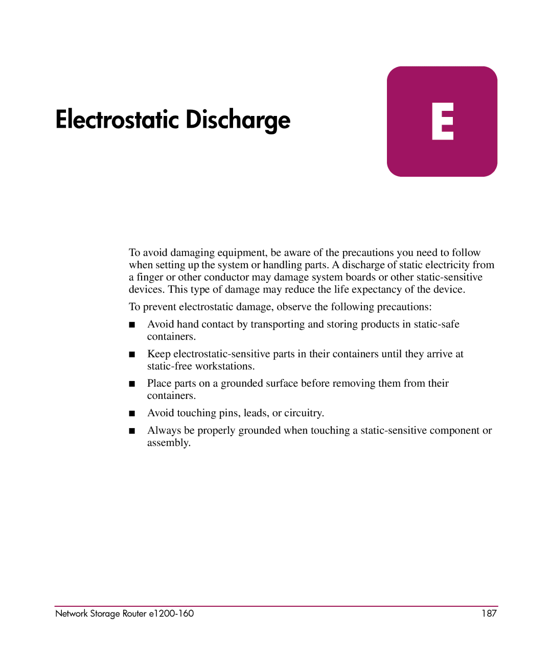 HP e1200-160 manual Electrostatic Discharge 