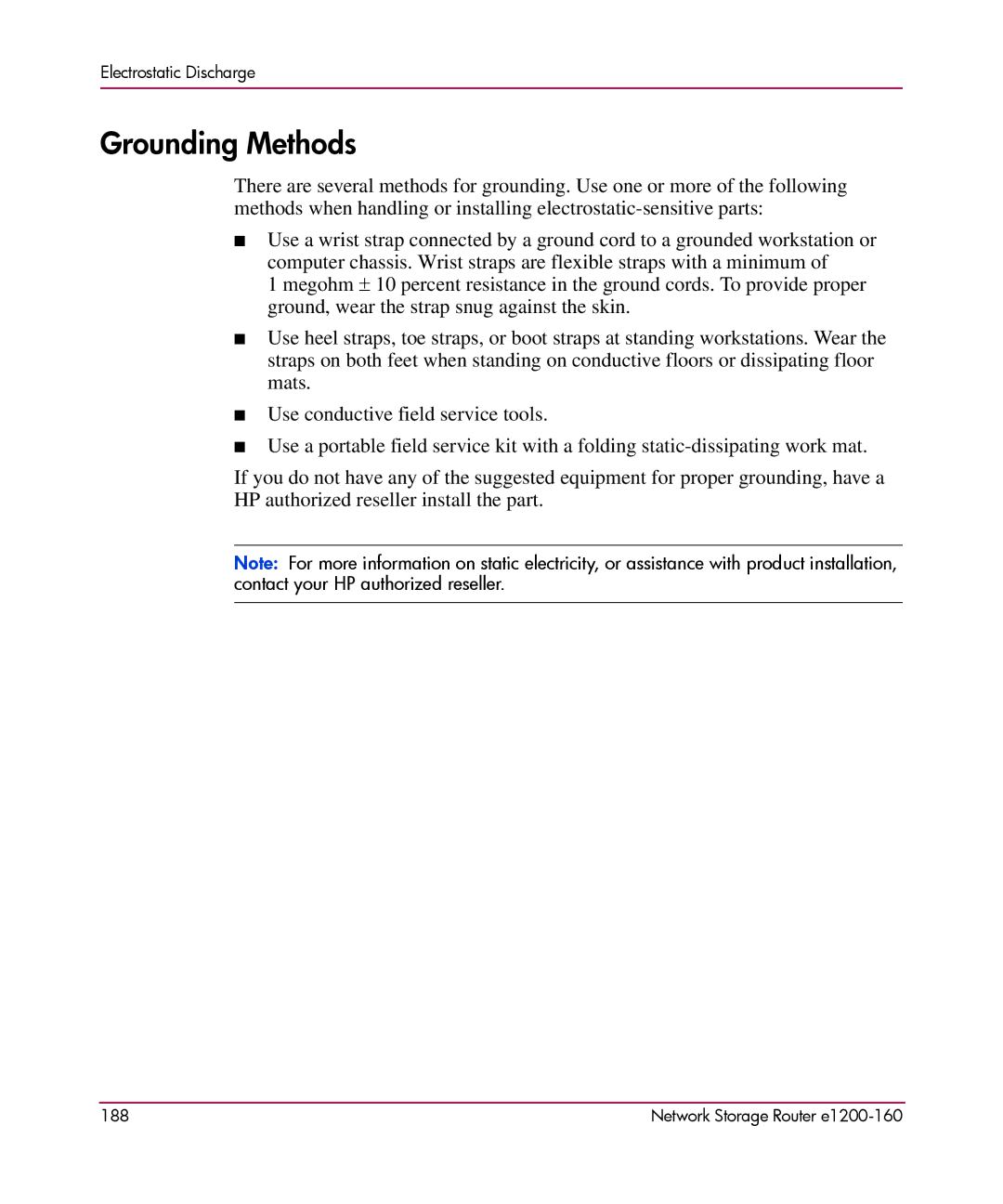 HP e1200-160 manual Grounding Methods 