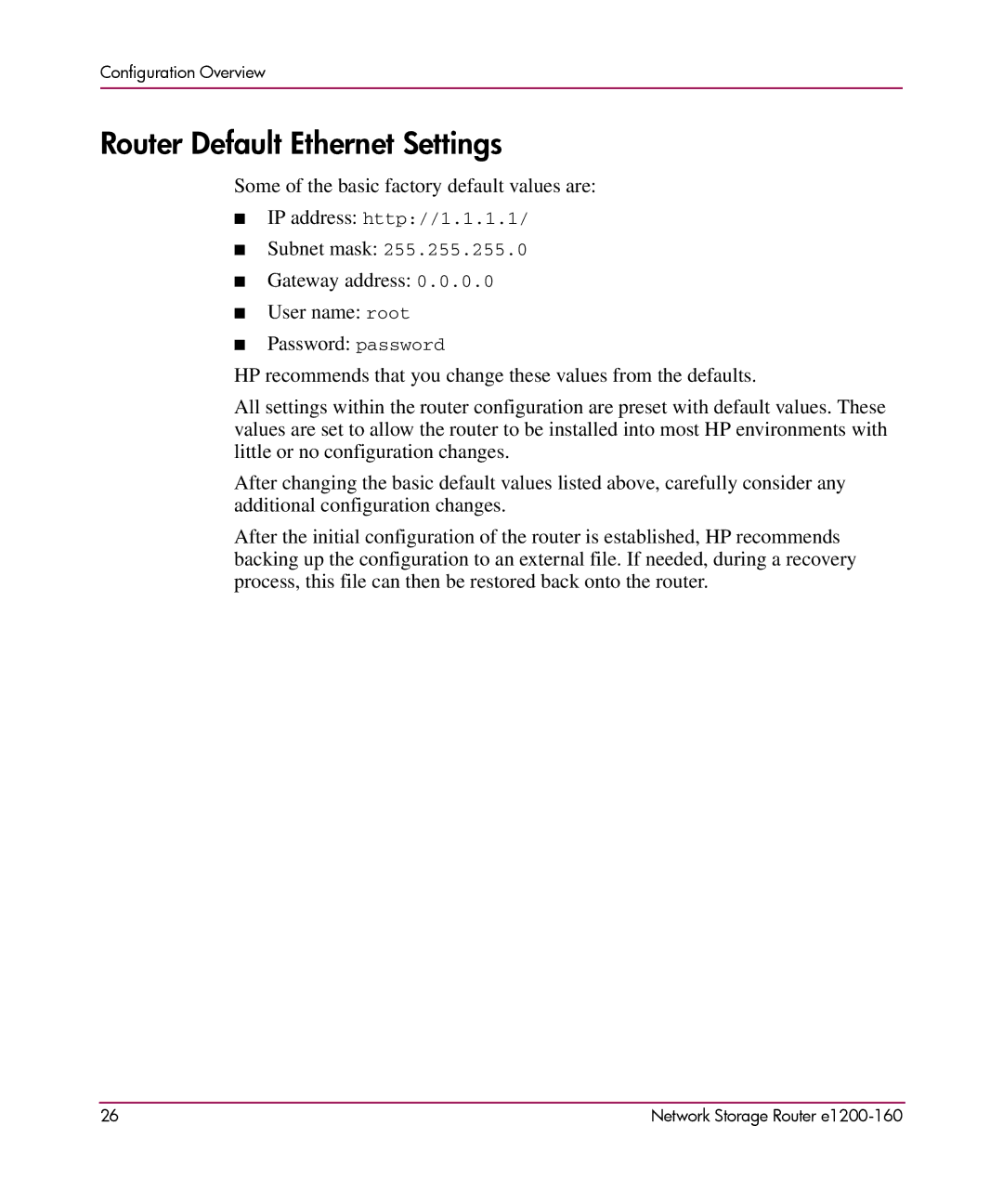 HP e1200-160 manual Router Default Ethernet Settings 