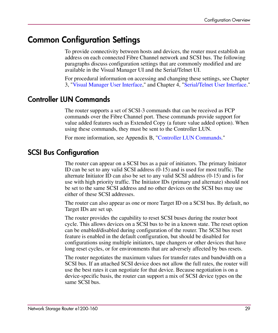 HP e1200-160 manual Common Configuration Settings, Controller LUN Commands, Scsi Bus Configuration 