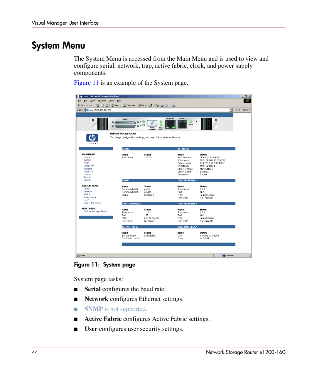 HP e1200-160 manual System Menu, Snmp is not supported 