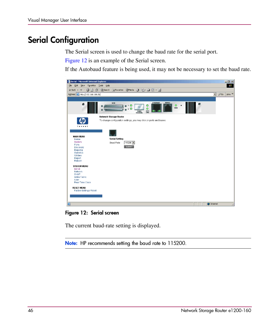 HP e1200-160 manual Serial Configuration, Serial screen 