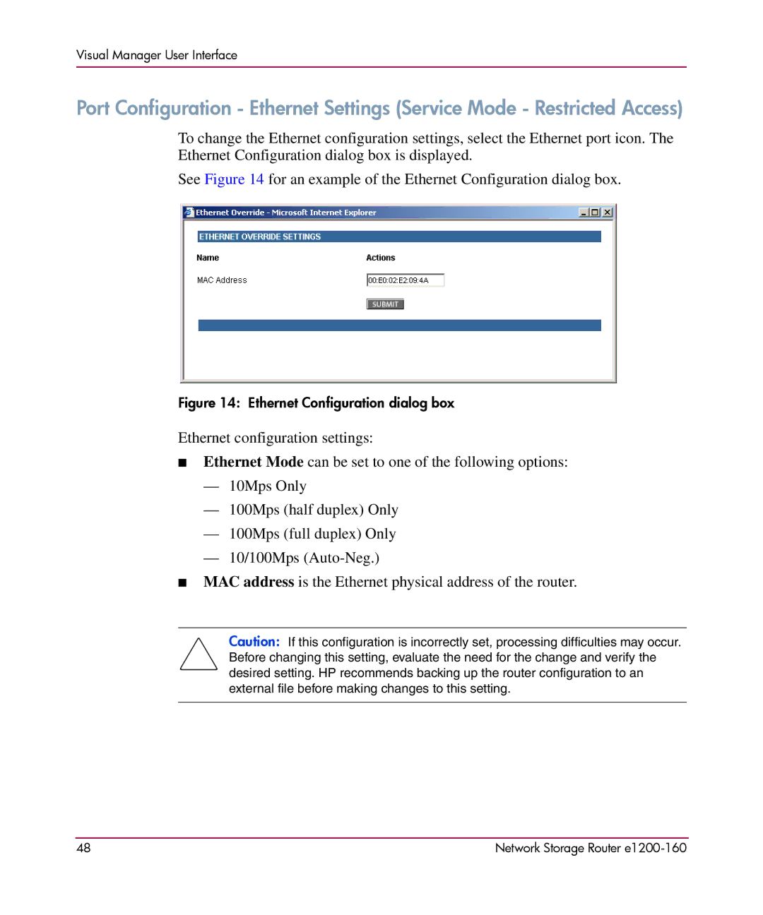 HP e1200-160 manual Ethernet Configuration dialog box 