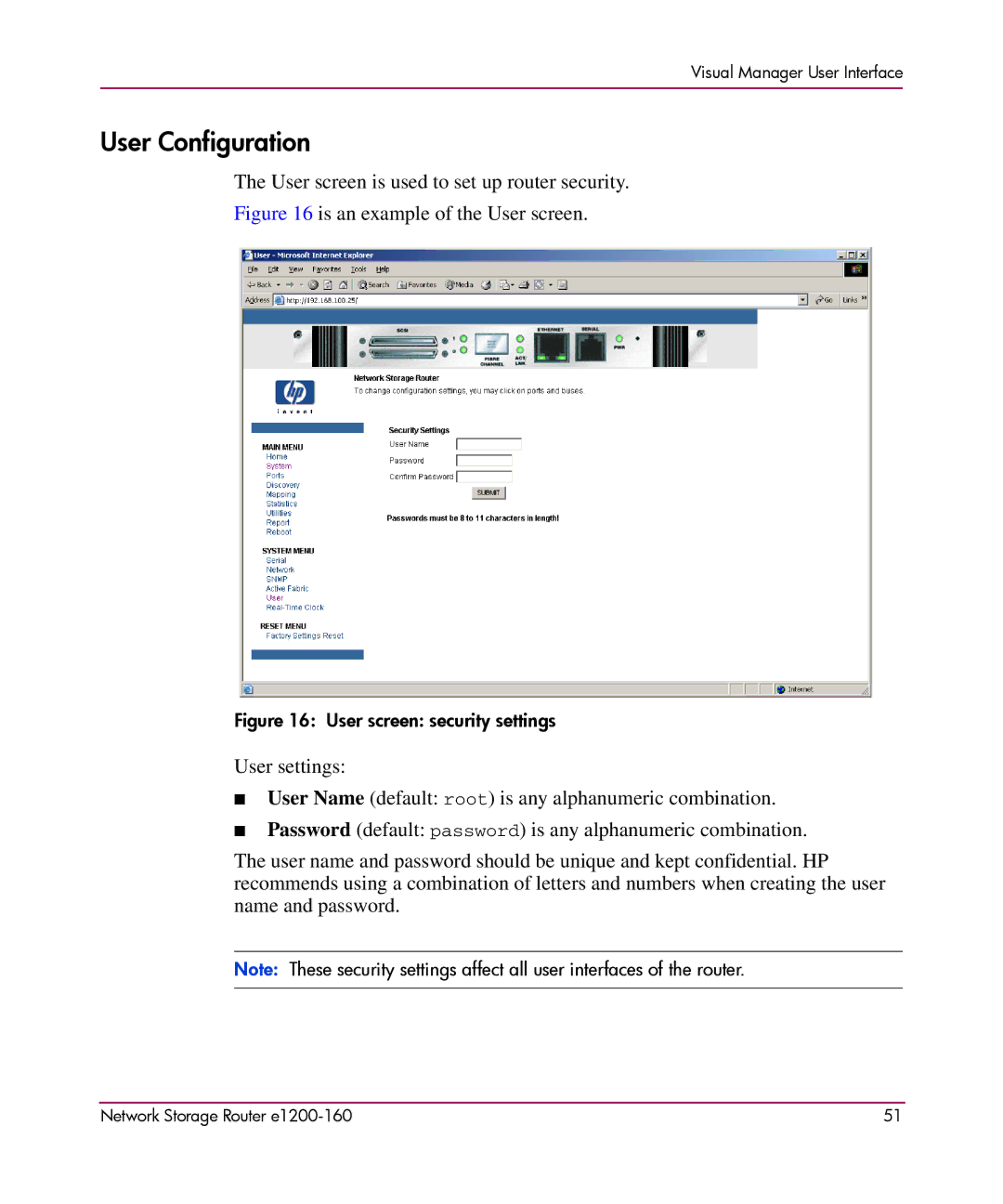 HP e1200-160 manual User Configuration, Is an example of the User screen 