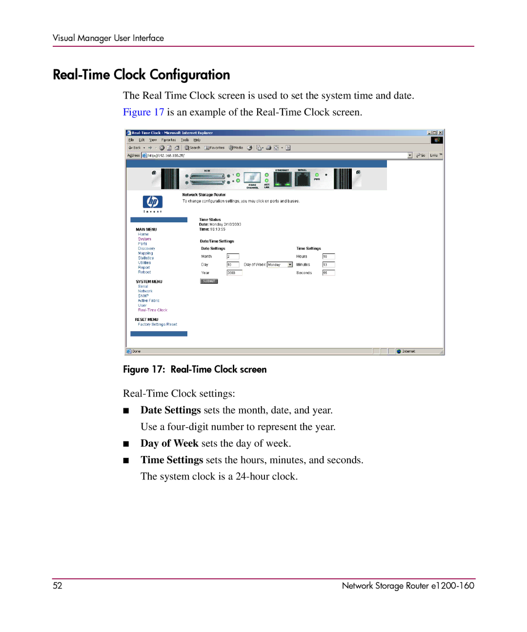 HP e1200-160 manual Real-Time Clock Configuration, Real-Time Clock screen 