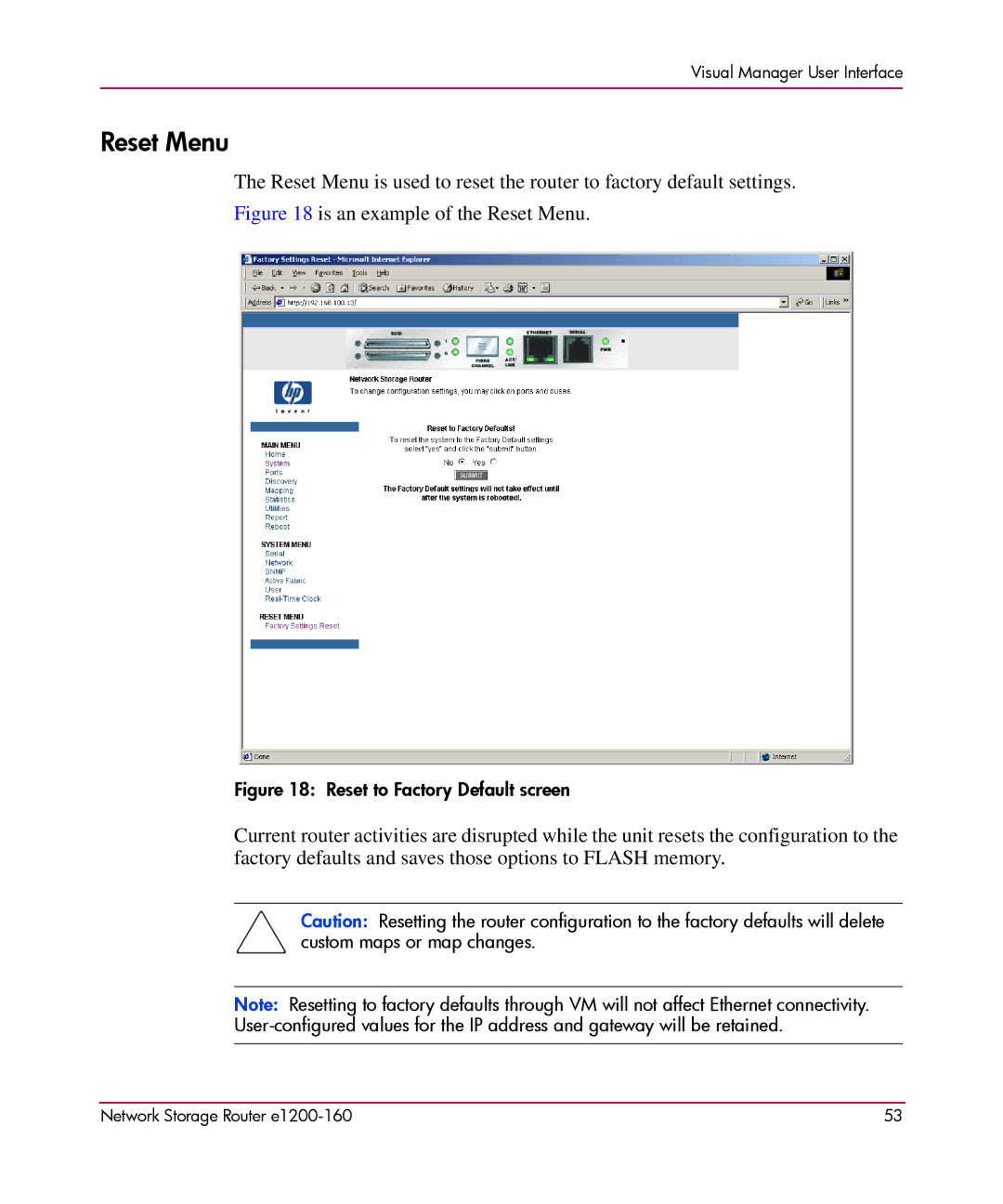 HP e1200-160 manual Is an example of the Reset Menu 