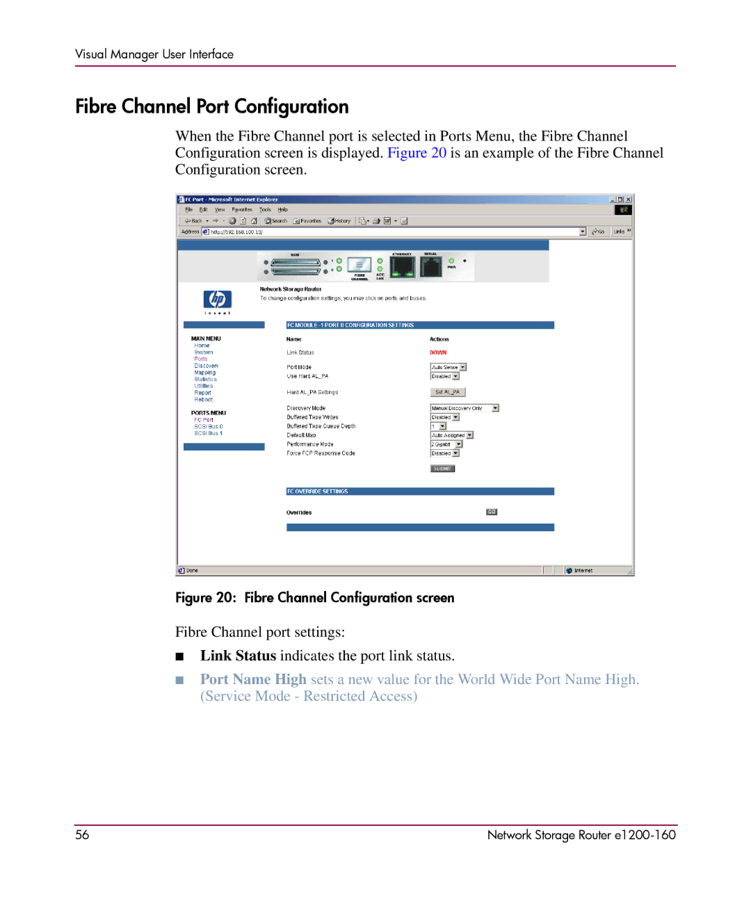 HP e1200-160 manual Fibre Channel Configuration screen 