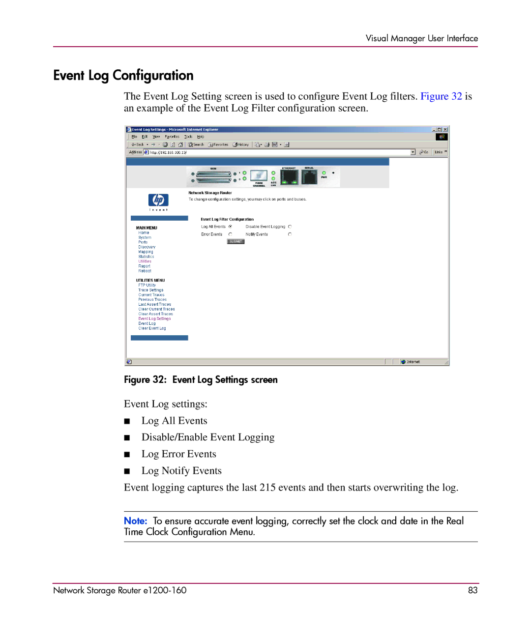 HP e1200-160 manual Event Log Configuration, Event Log Settings screen 