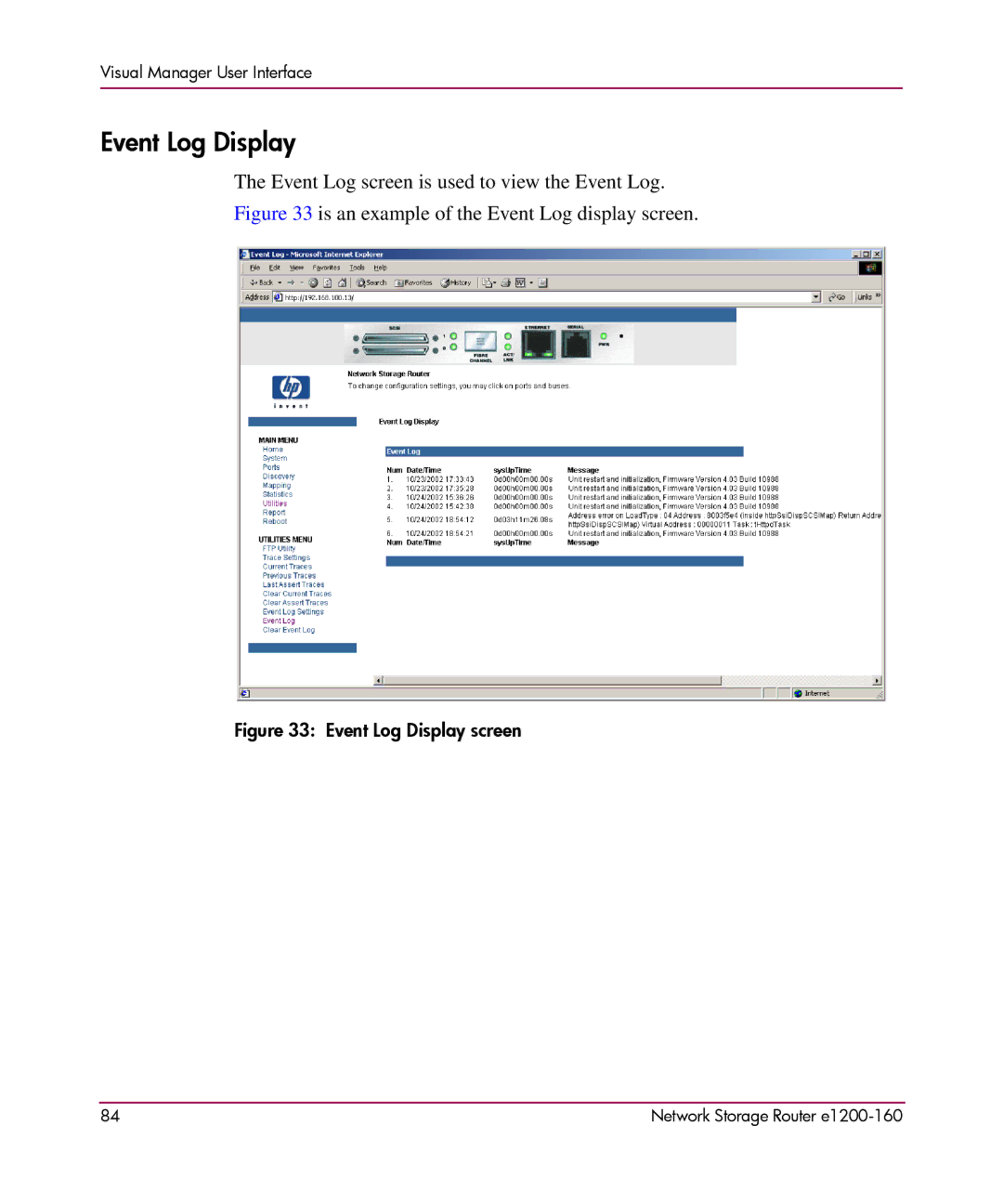 HP e1200-160 manual Event Log Display, Is an example of the Event Log display screen 