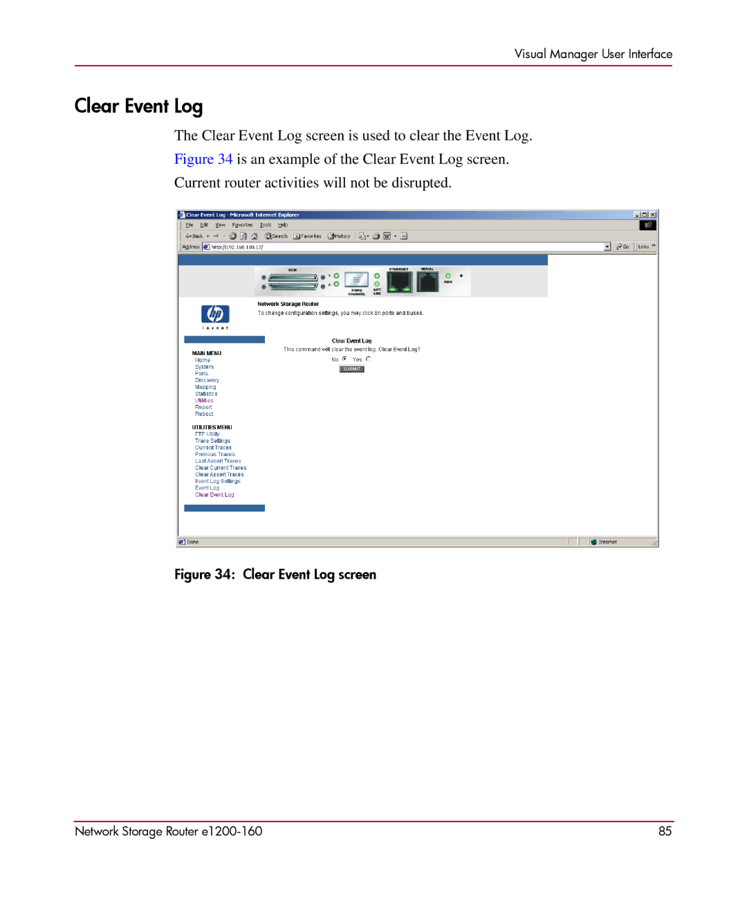 HP e1200-160 manual Clear Event Log screen 