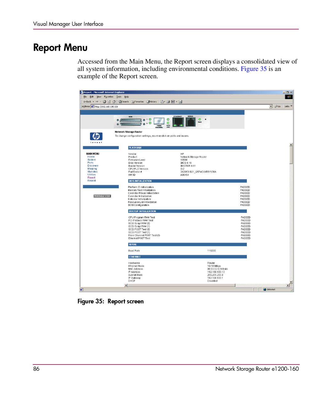 HP e1200-160 manual Report Menu, Report screen 