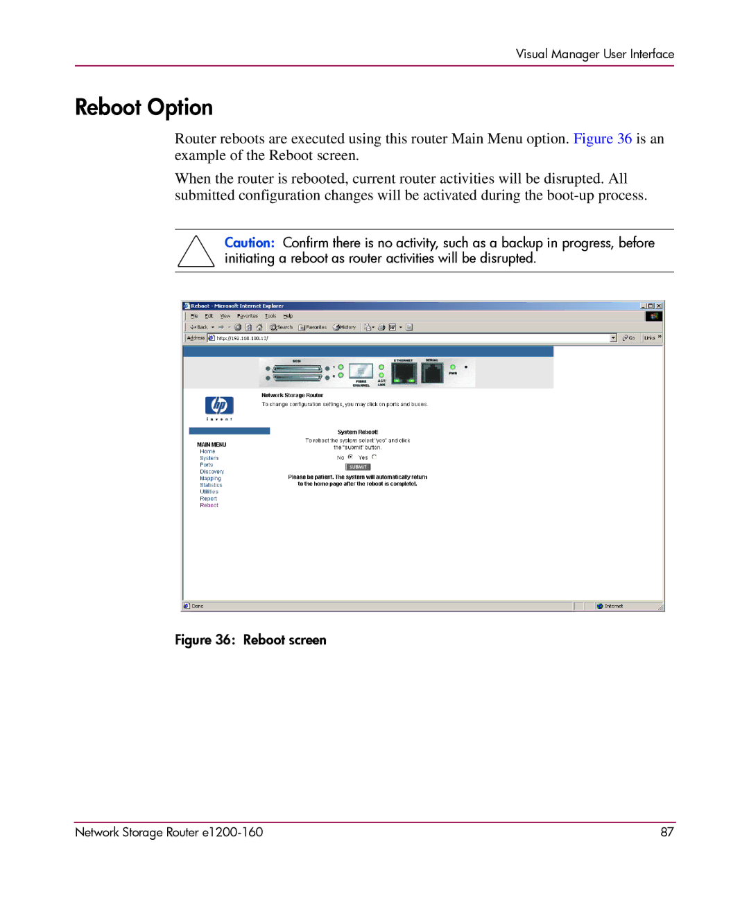 HP e1200-160 manual Reboot Option, Reboot screen 