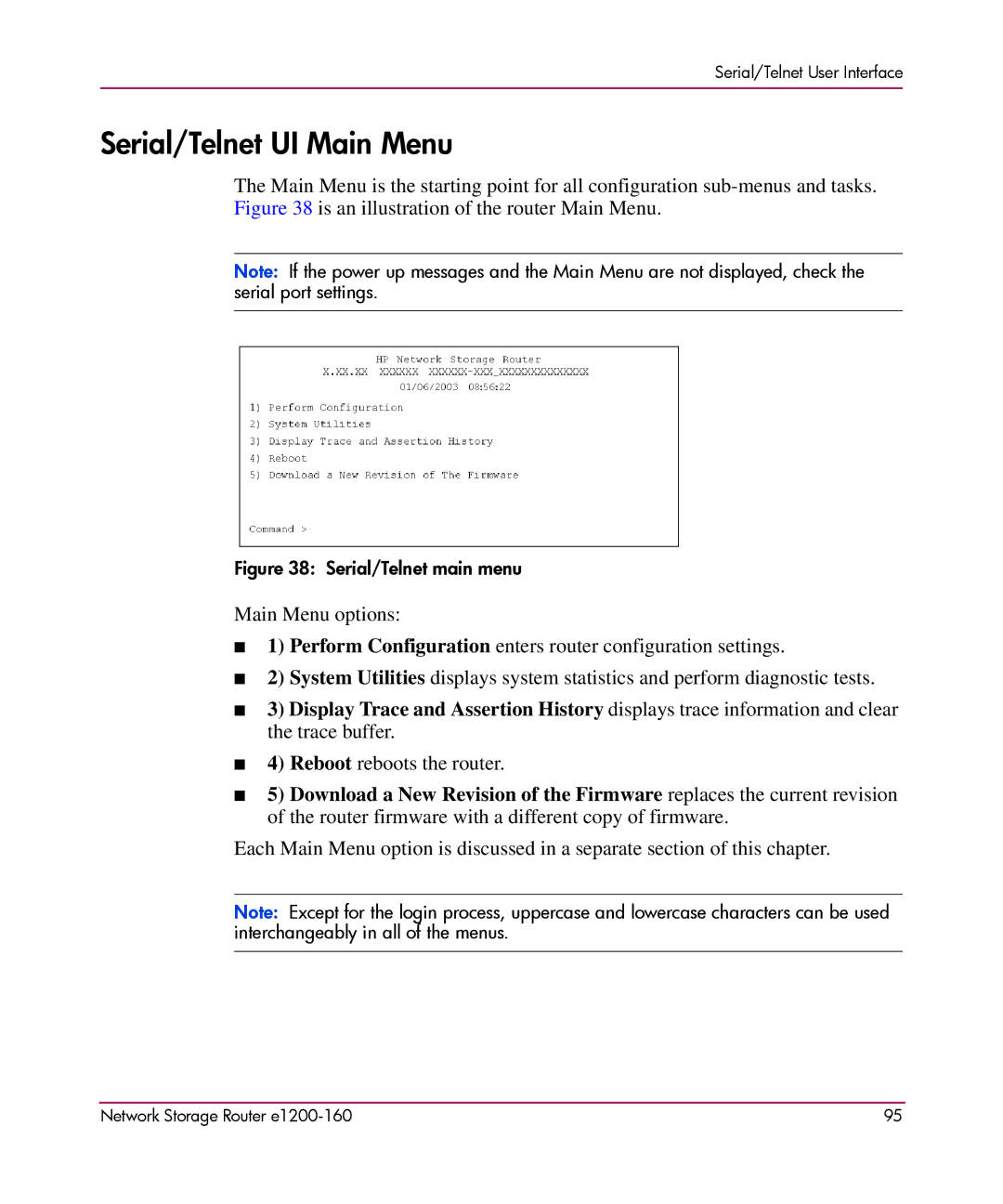 HP e1200-160 manual Serial/Telnet UI Main Menu, Serial/Telnet main menu 