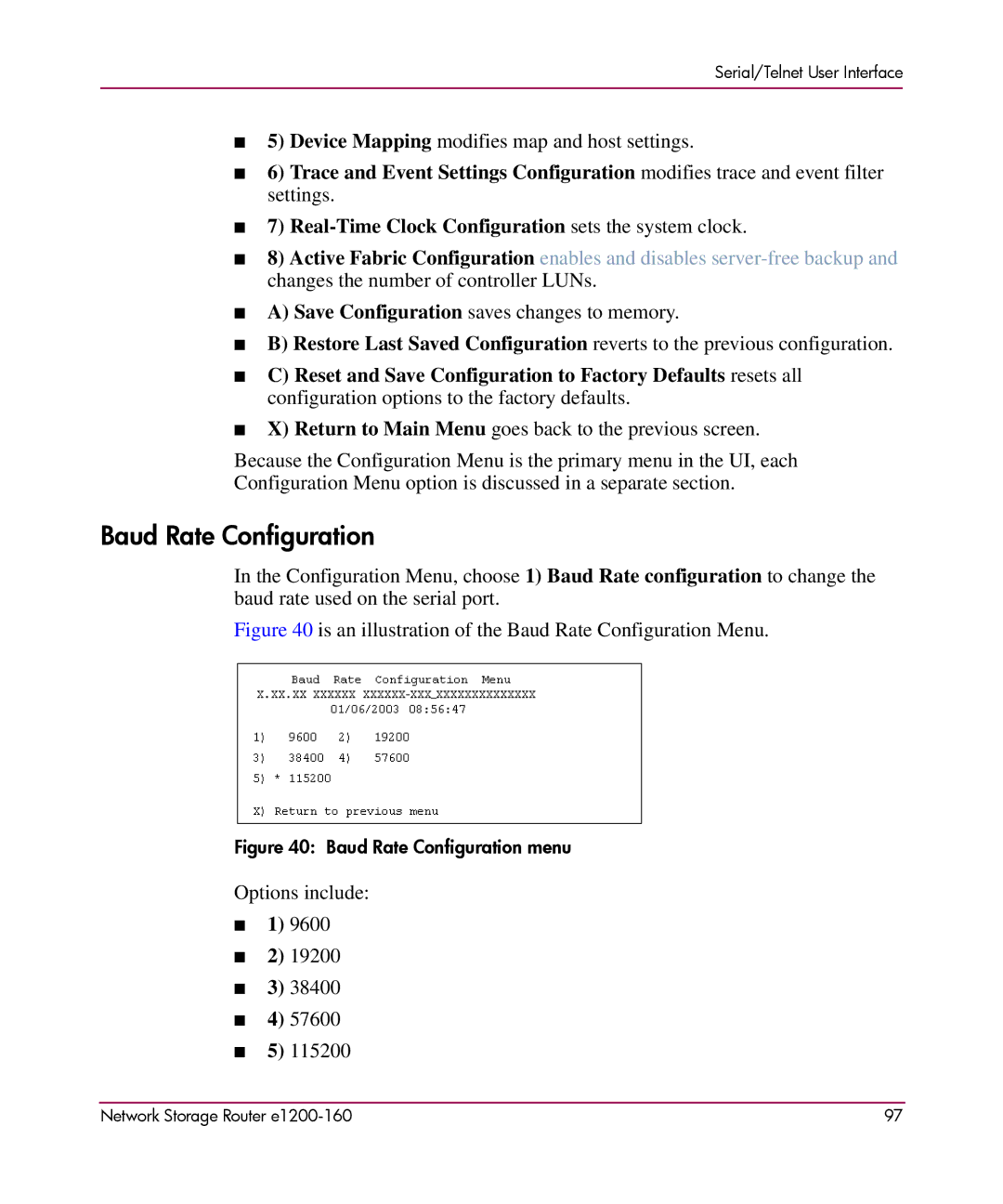 HP e1200-160 manual Is an illustration of the Baud Rate Configuration Menu 