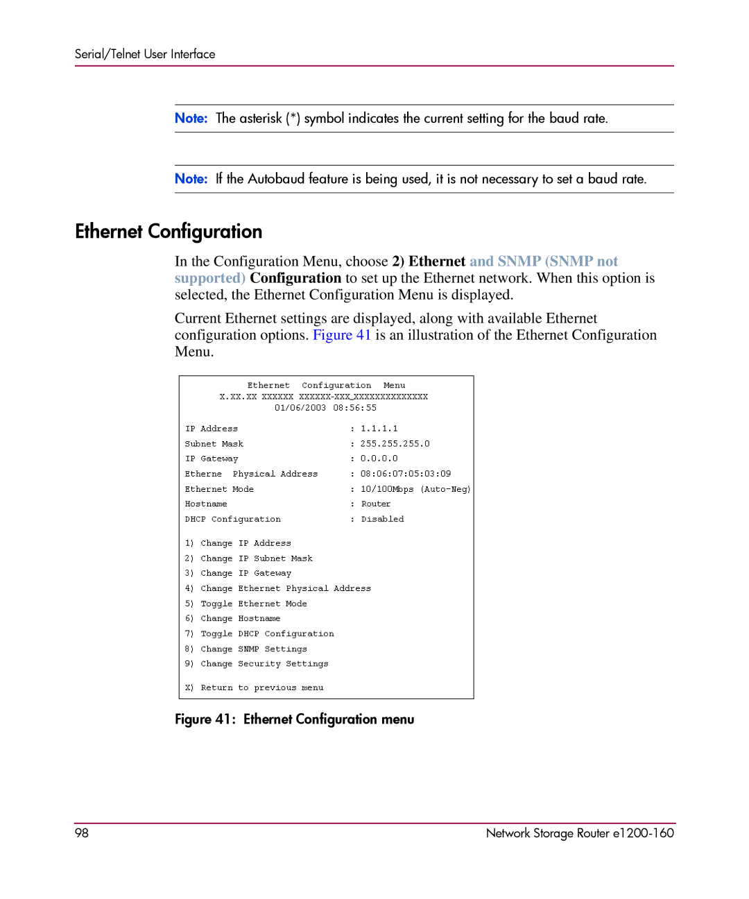 HP e1200-160 manual Ethernet Configuration menu 