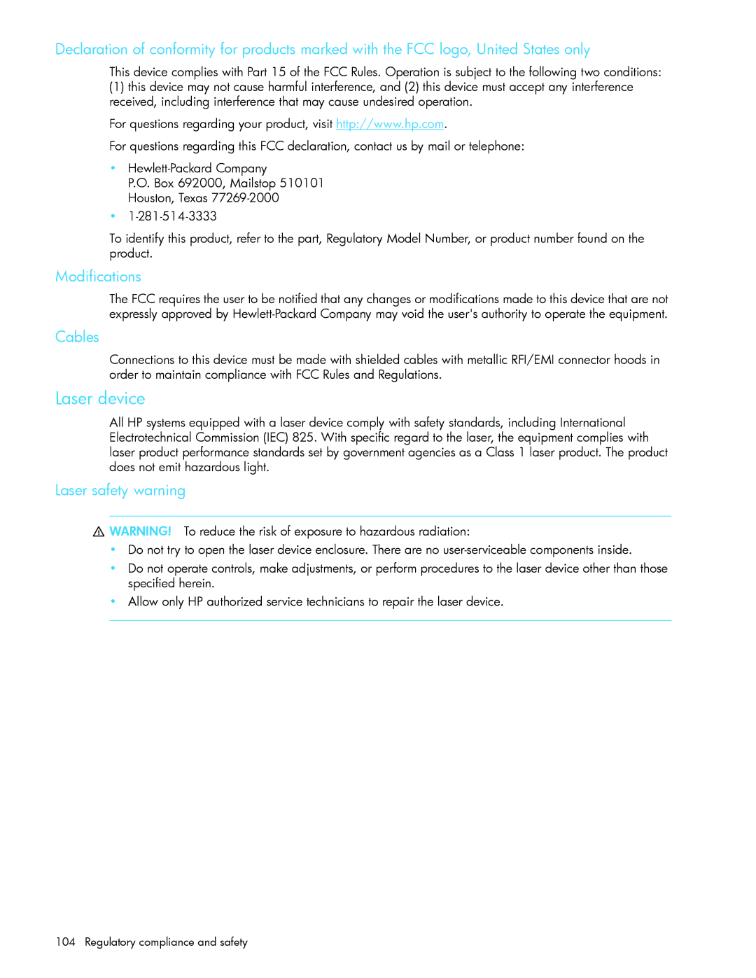 HP E1200-320 manual Laser device, Modifications, Cables, Laser safety warning 