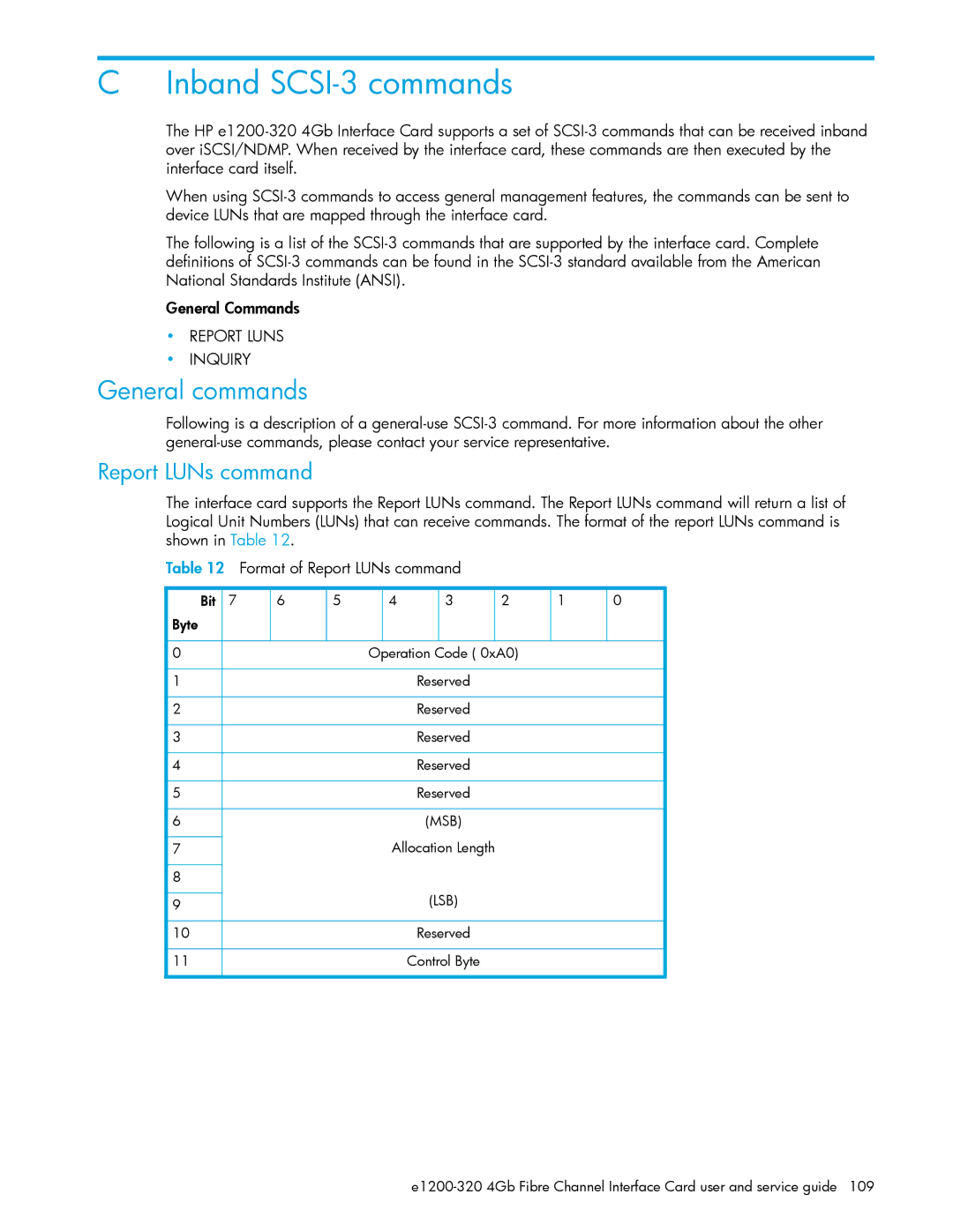 HP E1200-320 manual Inband SCSI-3 commands, General commands, Report LUNs command 