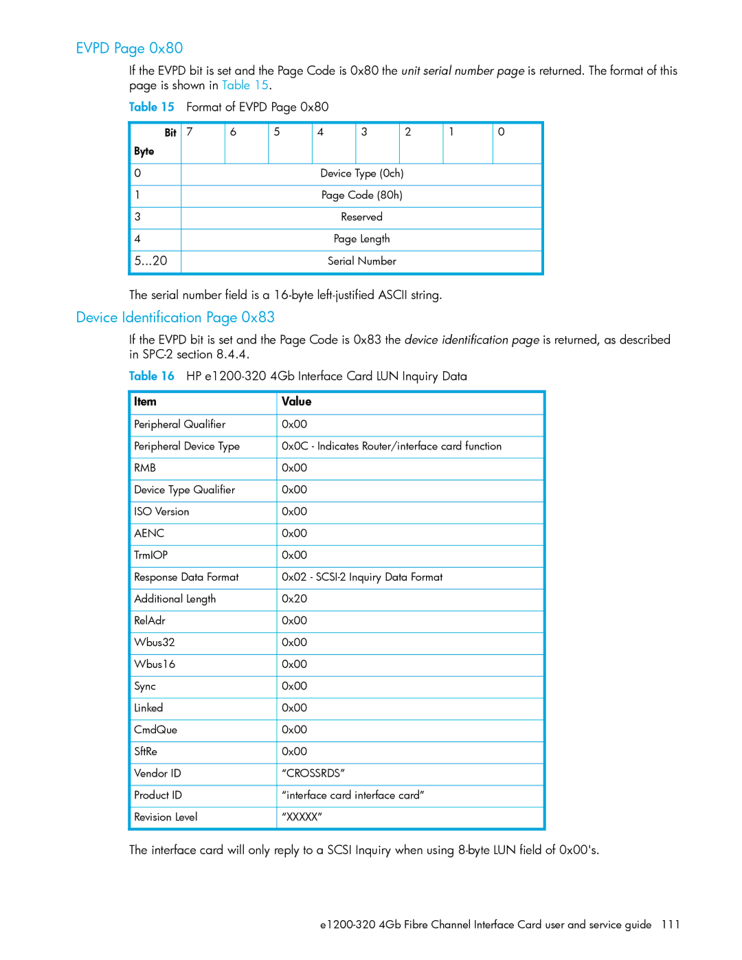 HP E1200-320 manual Evpd, Device Identification 