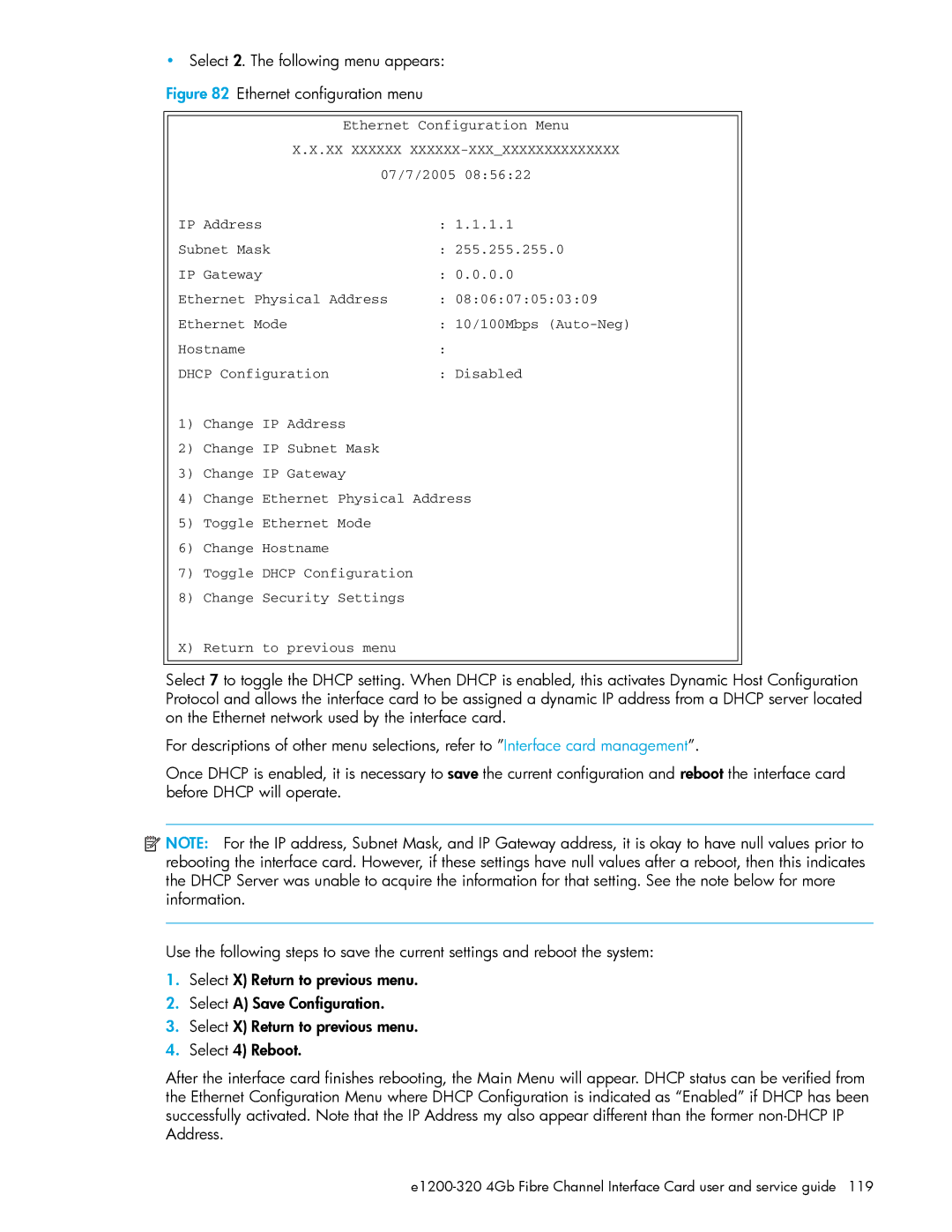 HP E1200-320 manual Select 2. The following menu appears, Ethernet configuration menu 