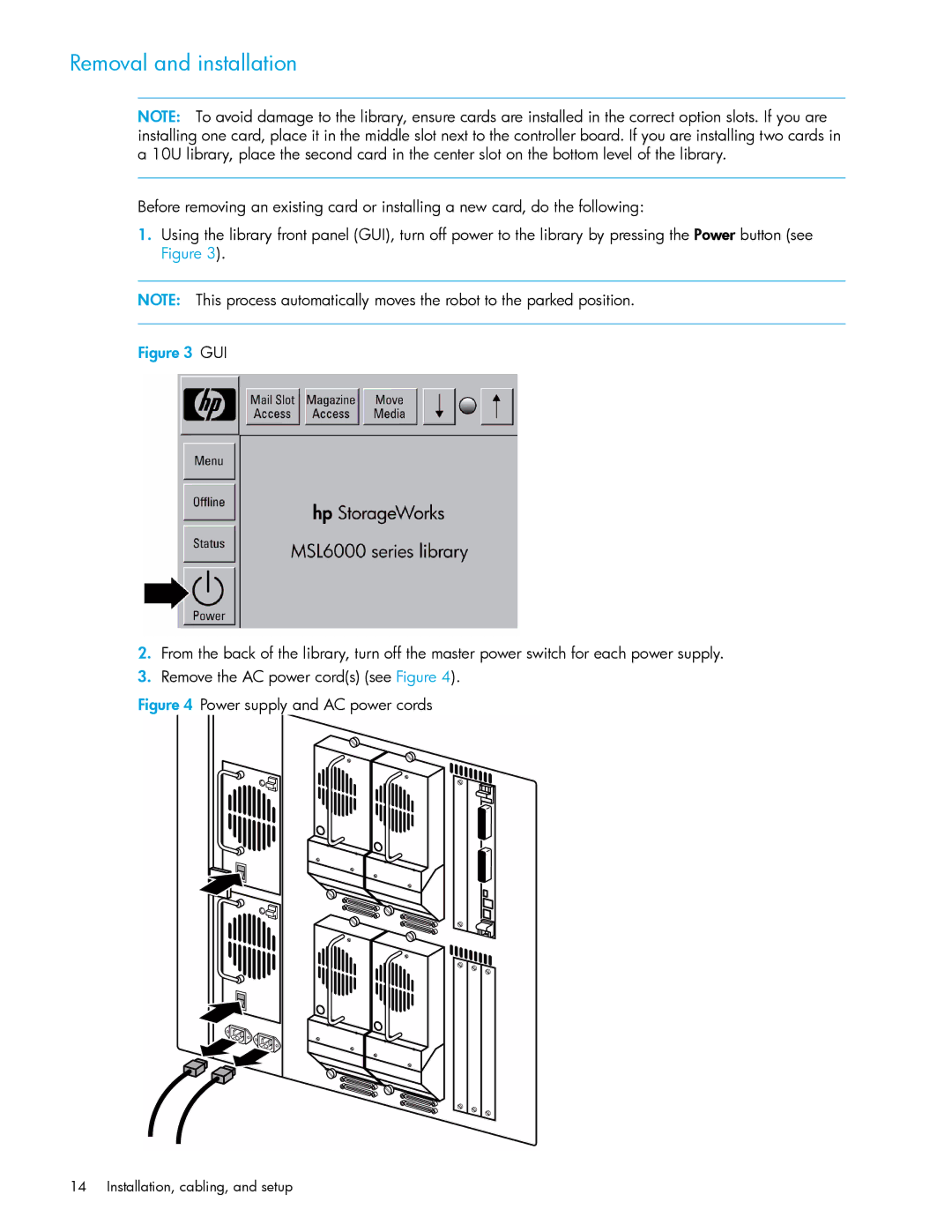 HP E1200-320 manual Removal and installation, Power supply and AC power cords 