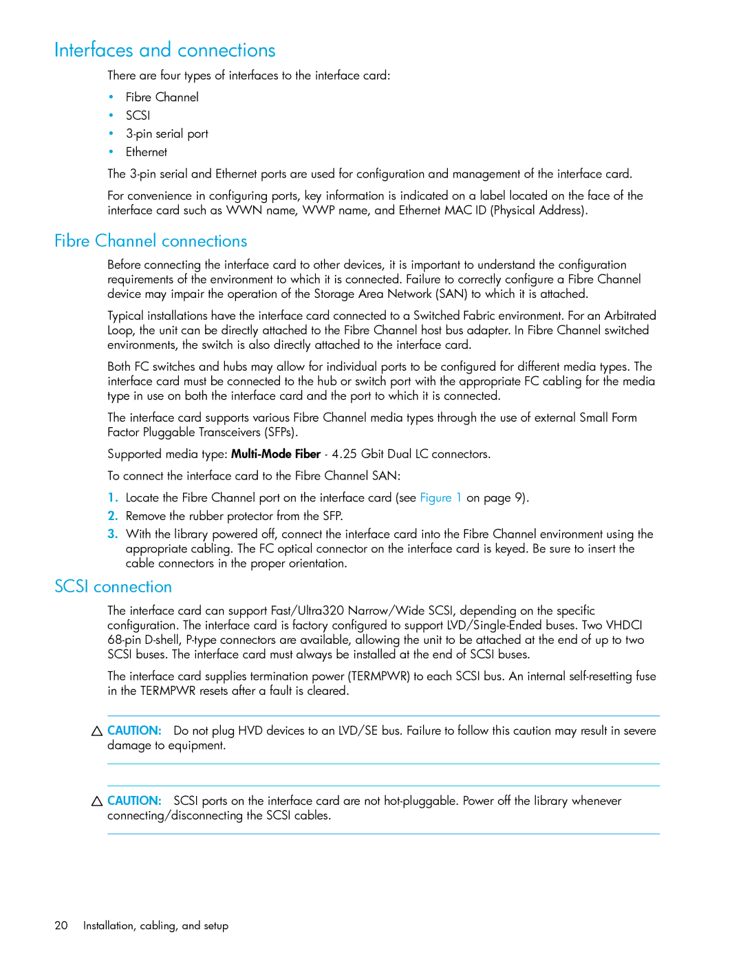 HP E1200-320 manual Interfaces and connections, Fibre Channel connections, Scsi connection 