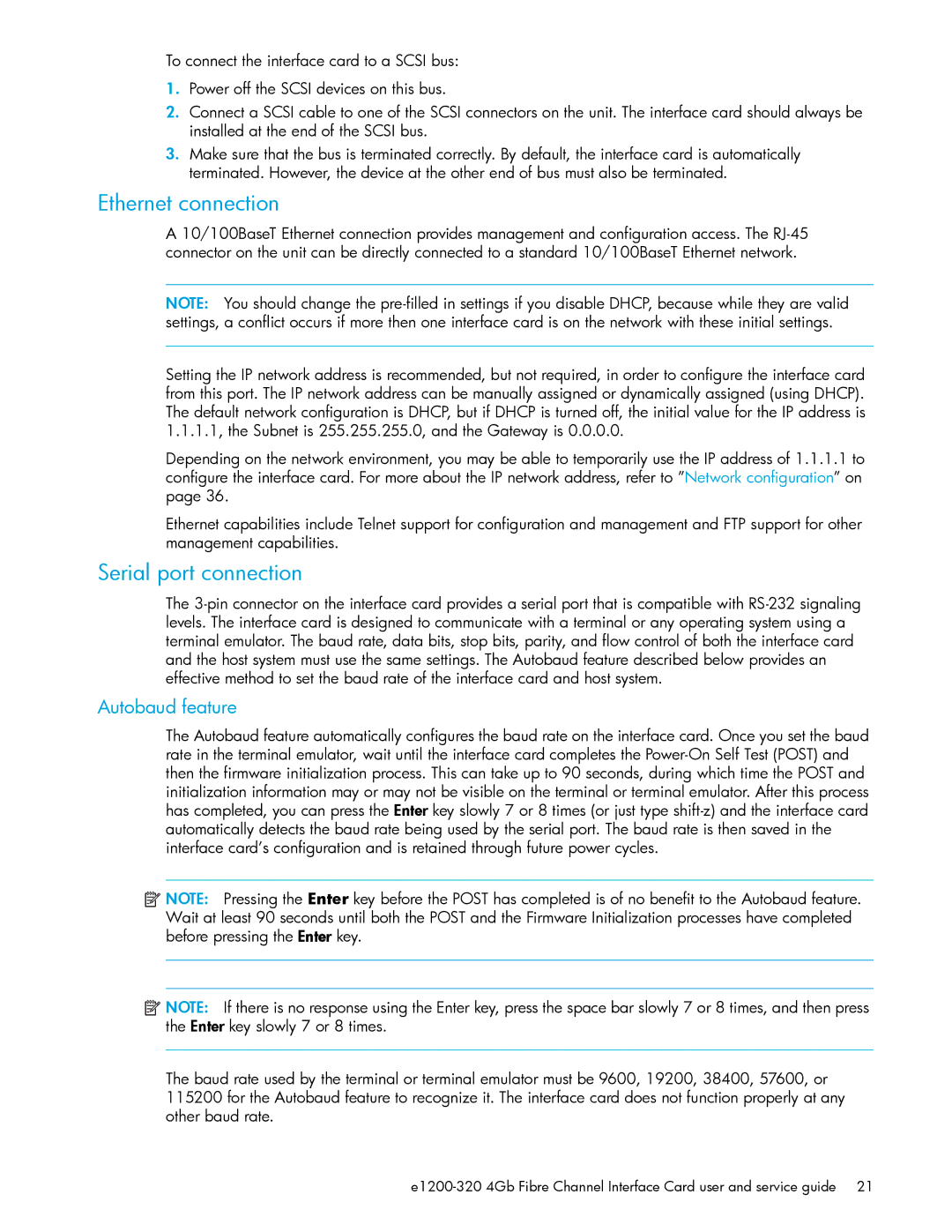HP E1200-320 manual Ethernet connection, Serial port connection, Autobaud feature 