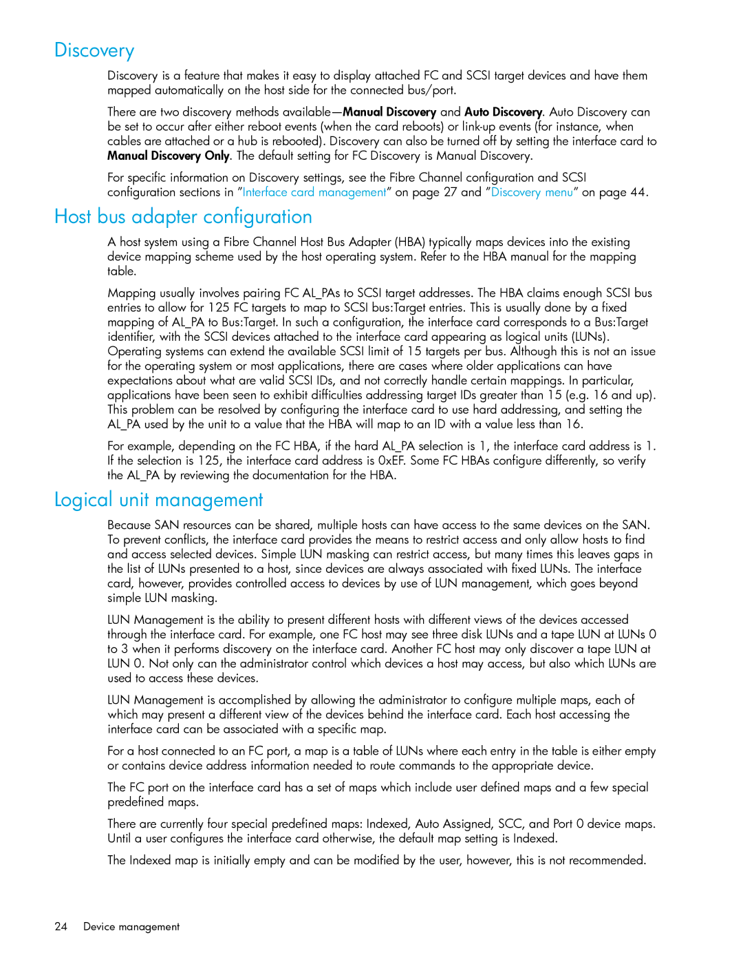 HP E1200-320 manual Discovery, Host bus adapter configuration, Logical unit management 