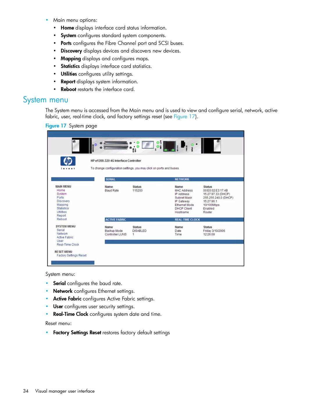 HP E1200-320 manual System menu 