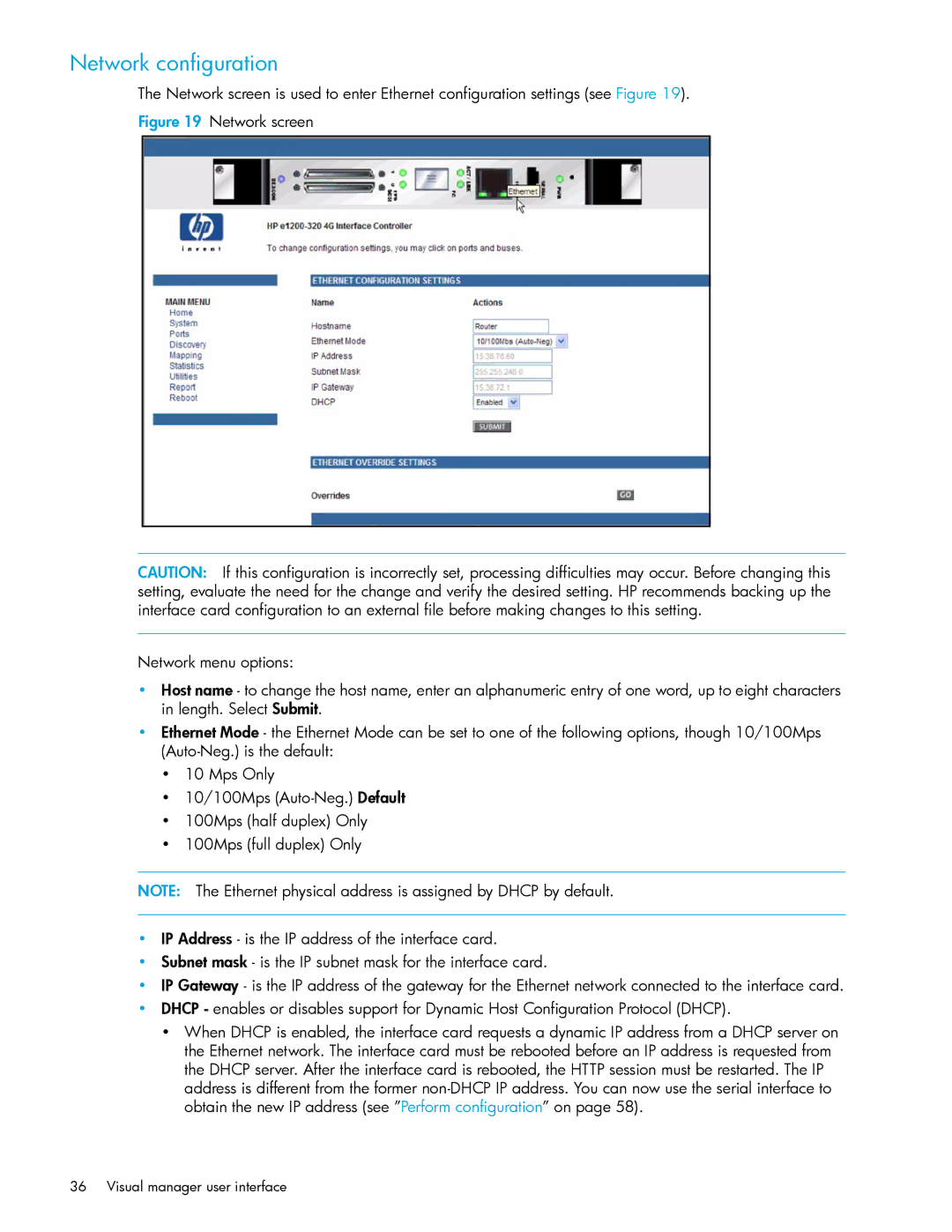 HP E1200-320 manual Network configuration 