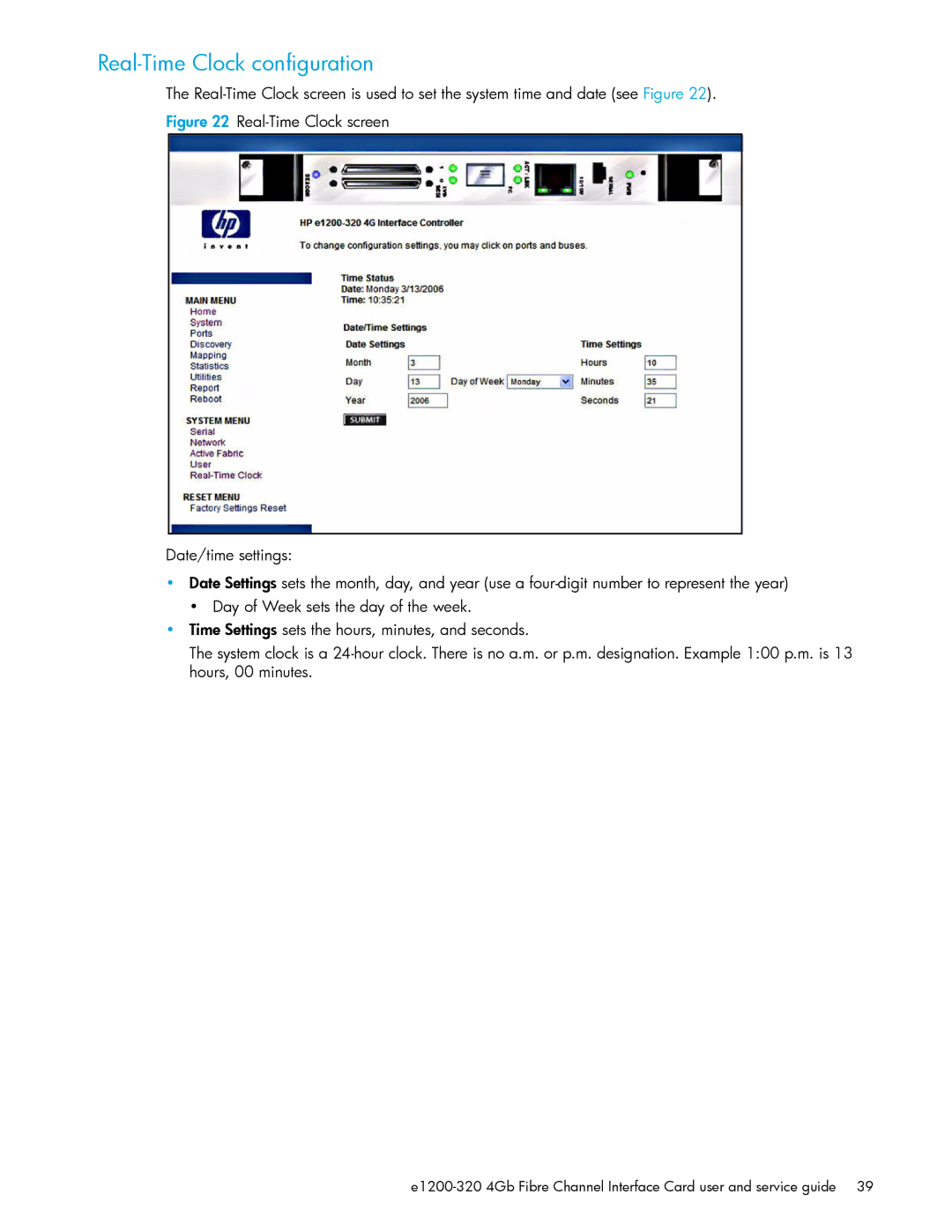 HP E1200-320 manual Real-Time Clock configuration 