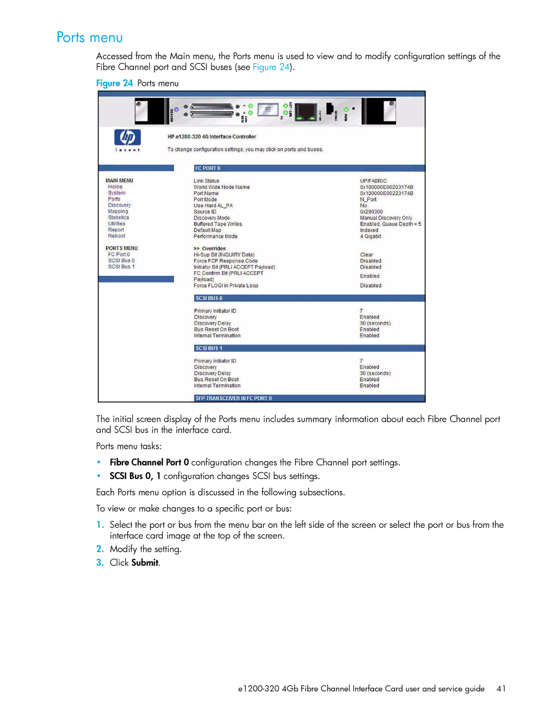 HP E1200-320 manual Ports menu 