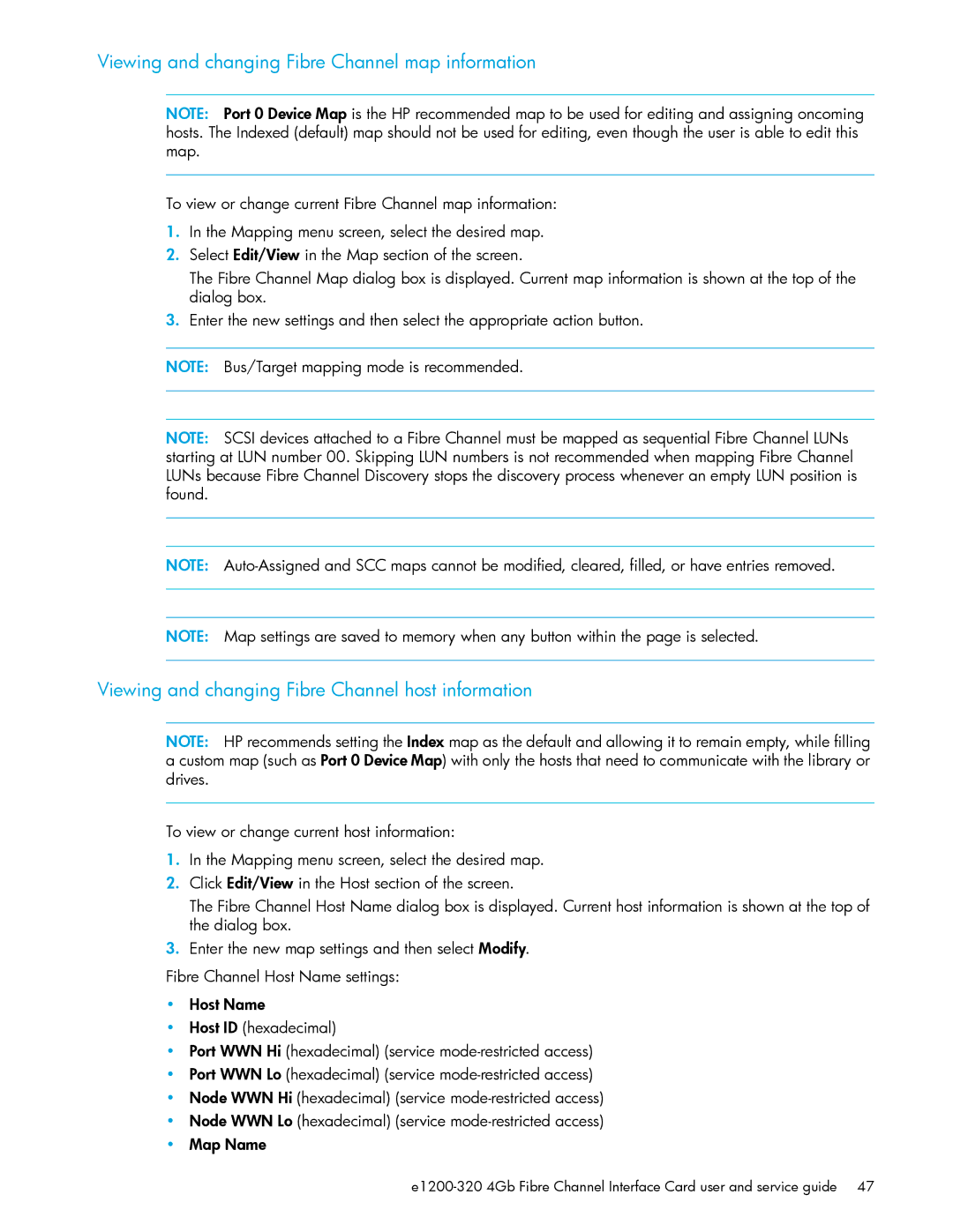 HP E1200-320 manual Viewing and changing Fibre Channel map information, Viewing and changing Fibre Channel host information 