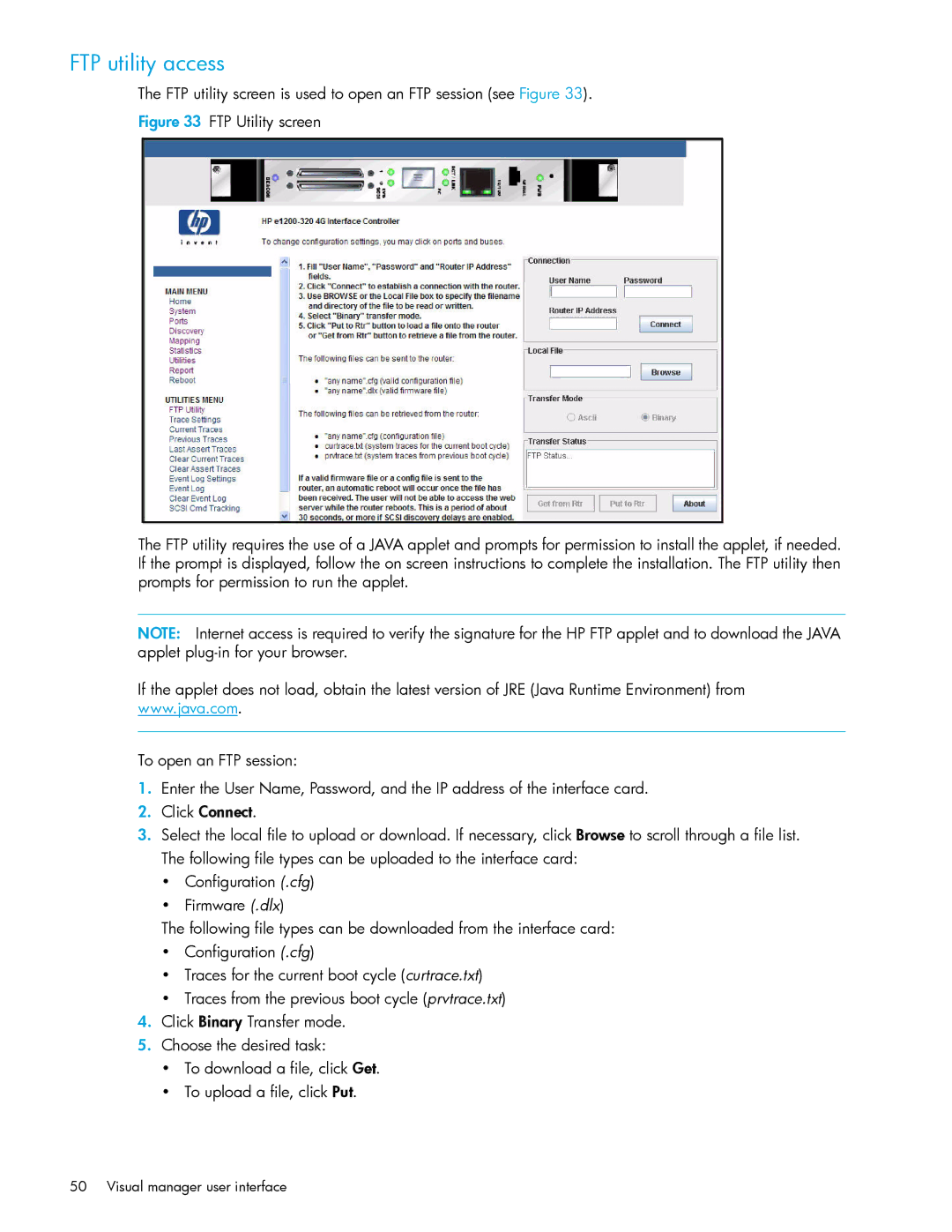 HP E1200-320 manual FTP utility access, FTP utility screen is used to open an FTP session see Figure 