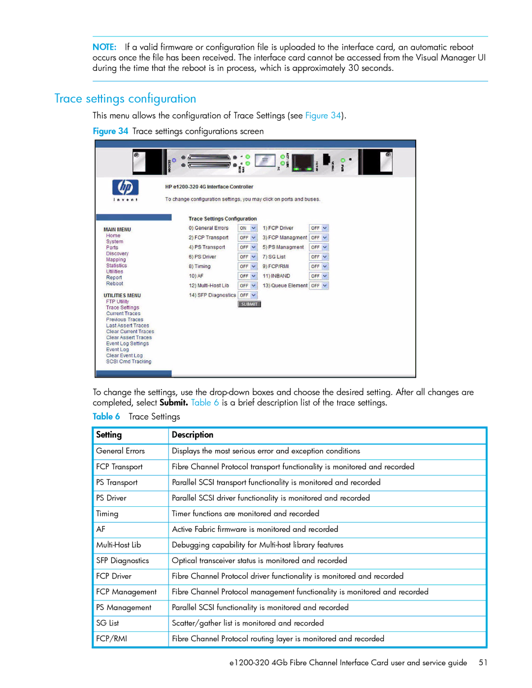 HP E1200-320 manual Trace settings configuration, Fcp/Rmi 