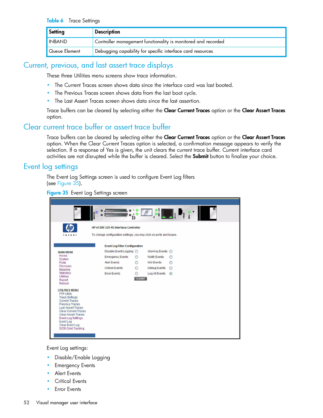 HP E1200-320 manual Current, previous, and last assert trace displays, Clear current trace buffer or assert trace buffer 