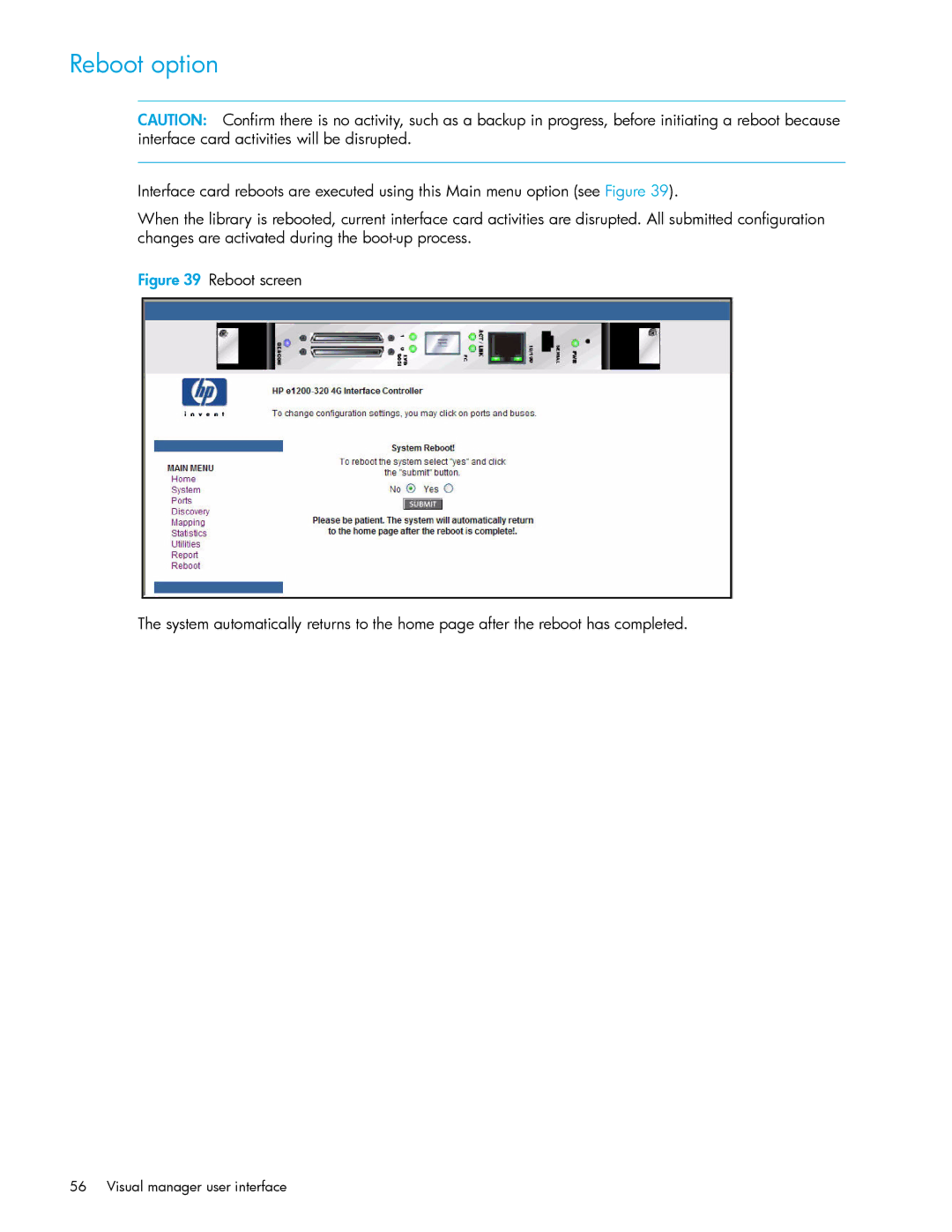 HP E1200-320 manual Reboot option 