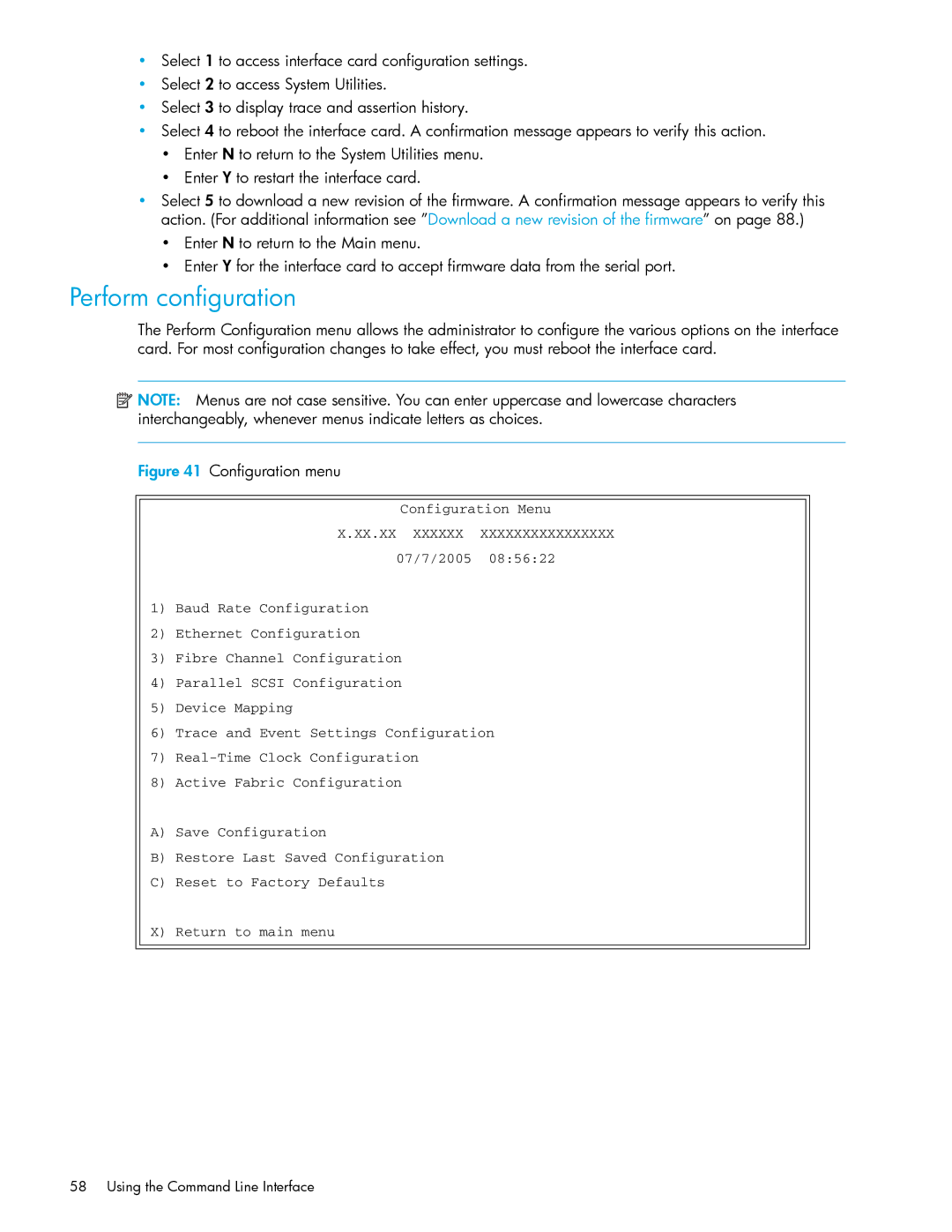 HP E1200-320 manual Perform configuration, Configuration menu 