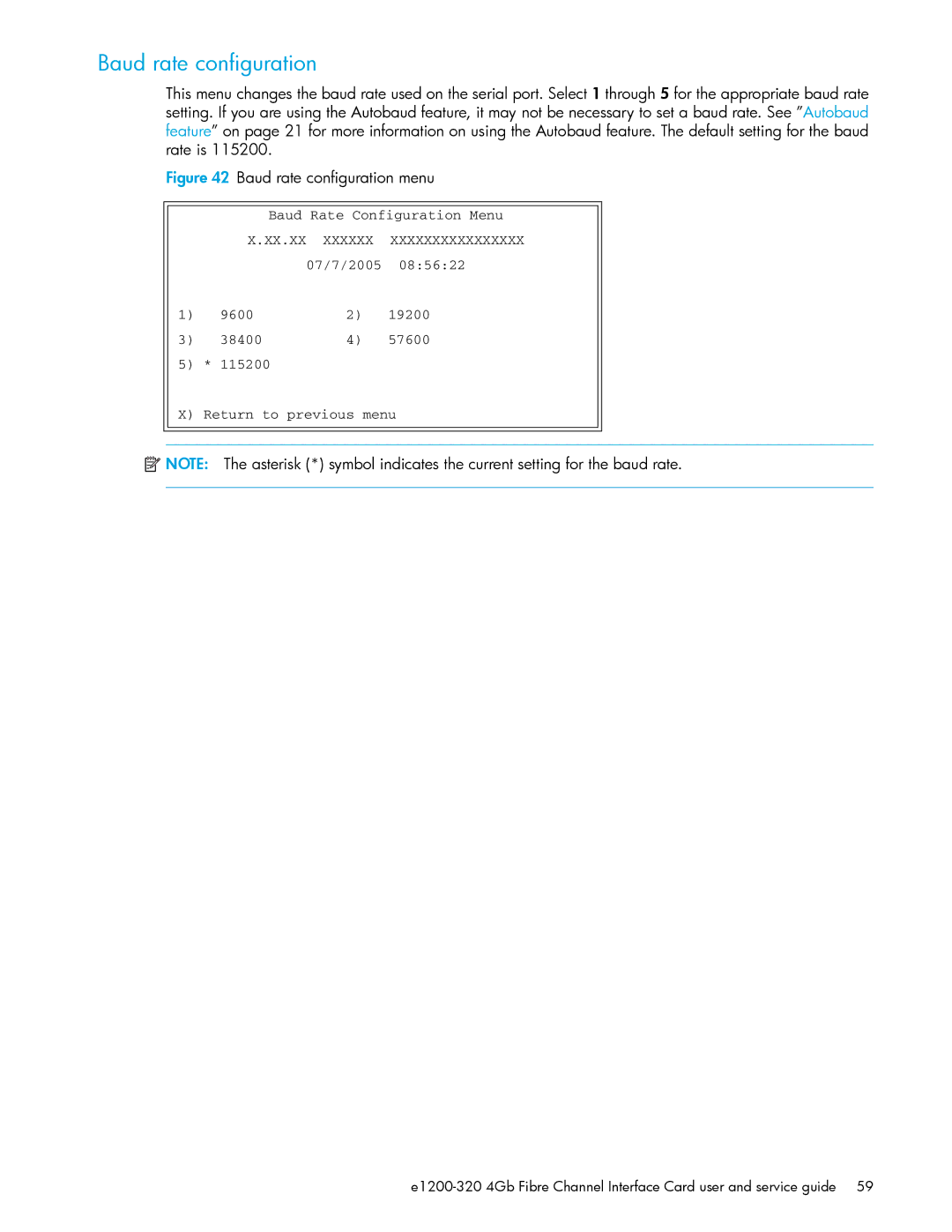 HP E1200-320 manual Baud rate configuration menu 