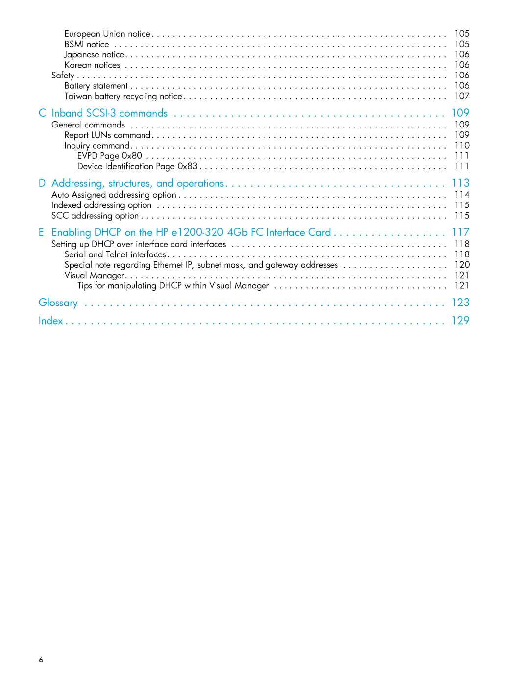 HP E1200-320 manual Inband SCSI-3 commands, Addressing, structures, and operations, Glossary Index 