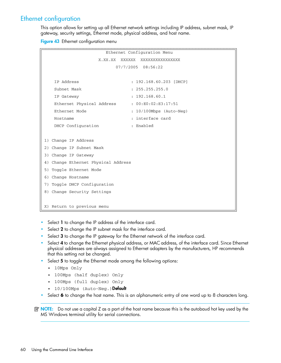 HP E1200-320 manual Ethernet configuration menu 