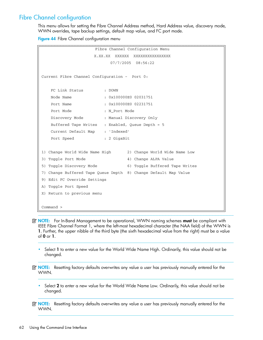 HP E1200-320 manual Fibre Channel configuration menu 