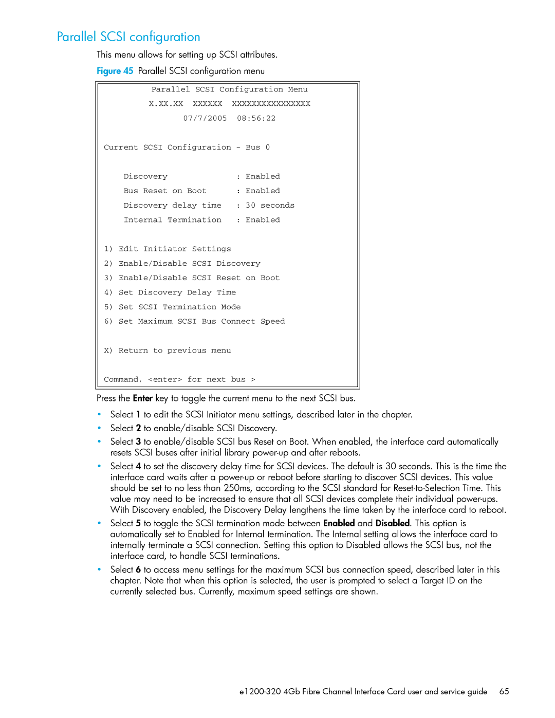 HP E1200-320 manual Parallel Scsi configuration, This menu allows for setting up Scsi attributes 