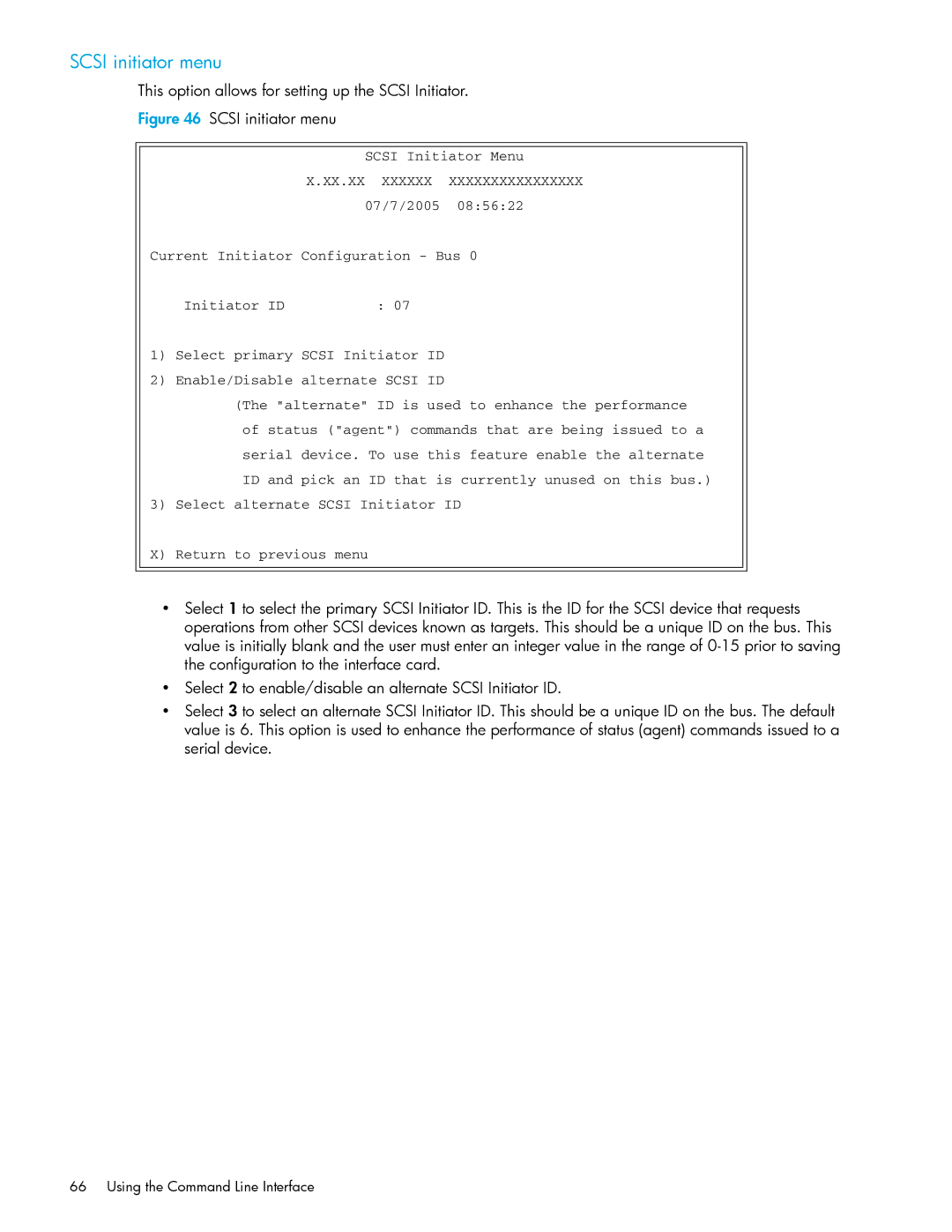 HP E1200-320 manual Scsi initiator menu, This option allows for setting up the Scsi Initiator 