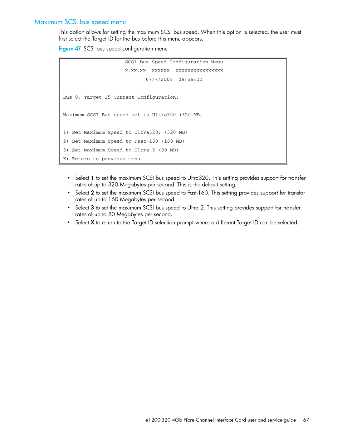 HP E1200-320 manual Maximum Scsi bus speed menu, Scsi bus speed configuration menu 