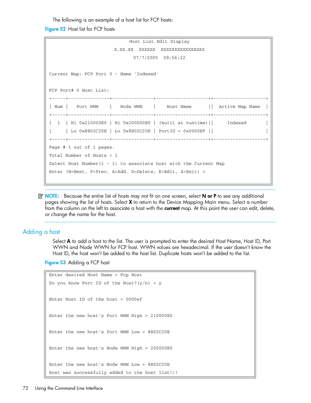 HP E1200-320 manual Adding a host, Following is an example of a host list for FCP hosts 