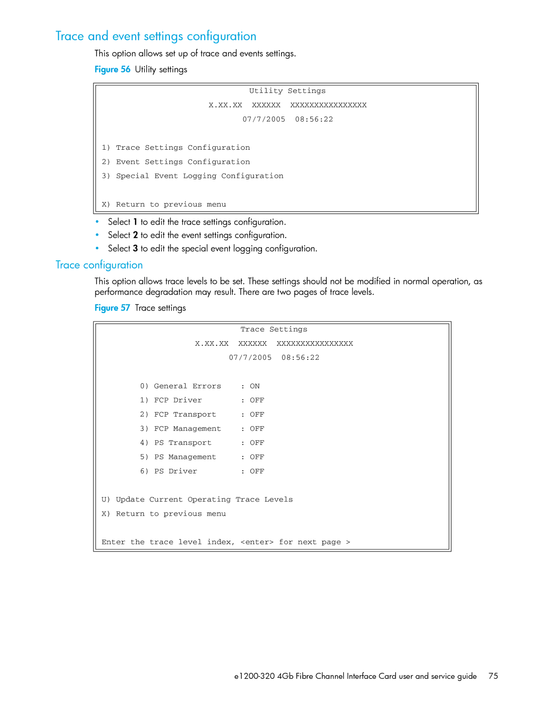 HP E1200-320 manual Trace and event settings configuration, Trace configuration 