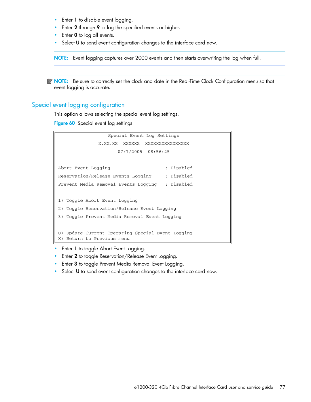 HP E1200-320 manual Special event logging configuration, This option allows selecting the special event log settings 