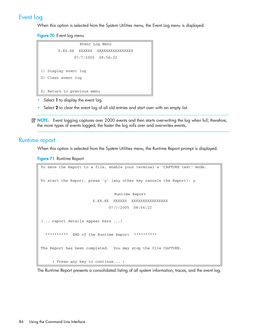 HP E1200-320 manual Event Log, Runtime report 