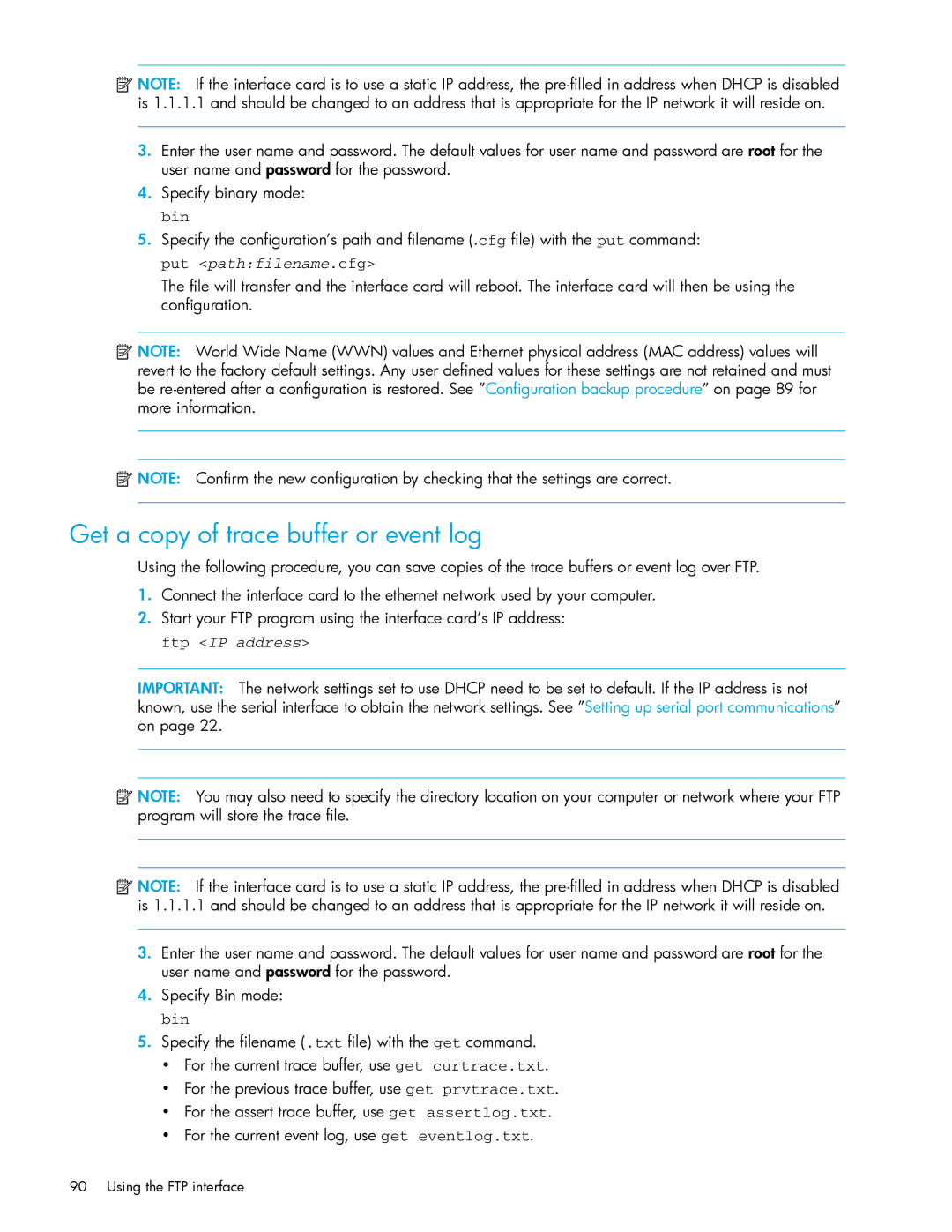 HP E1200-320 manual Get a copy of trace buffer or event log, Put pathfilename.cfg 