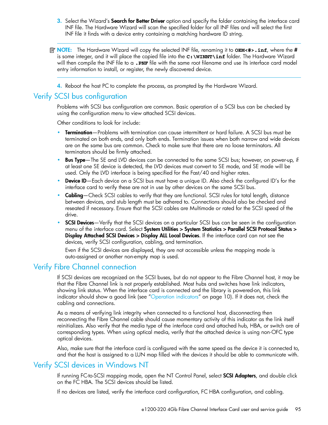 HP E1200-320 manual Verify Scsi bus configuration, Verify Fibre Channel connection, Verify Scsi devices in Windows NT 
